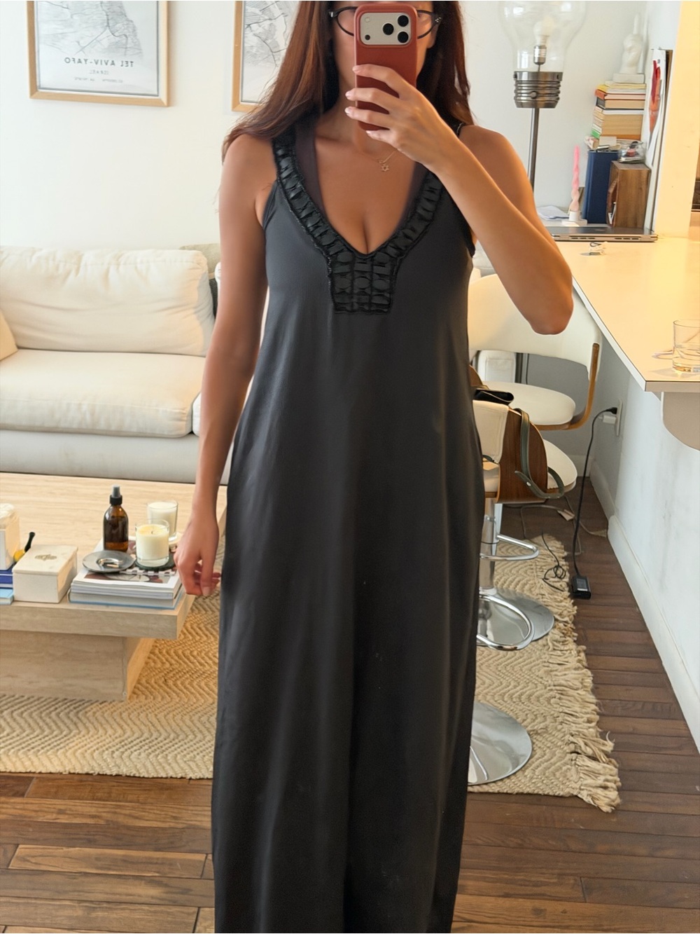 Women’s Black Maxi Dress with V-Neck Trim